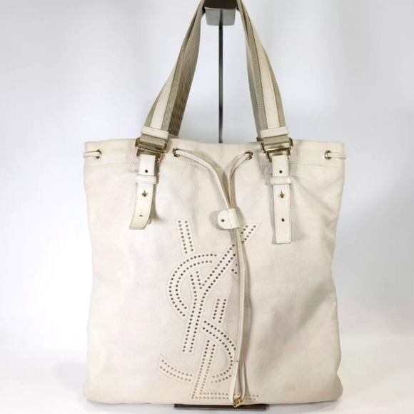 YSL 🔥 Rare 🔥 Kahala Studded Cream Leather Tote Bag, Large! - Picture 1 of 12
